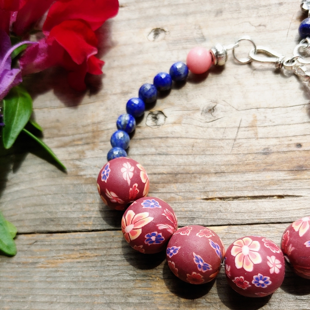 Tropical Floral Clay & AAA Lapis Lazuli Bracelet Issabeau Jewelry